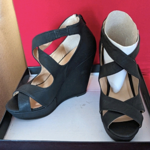 Black Leather Wedge Sandals - Picture 2 of 6